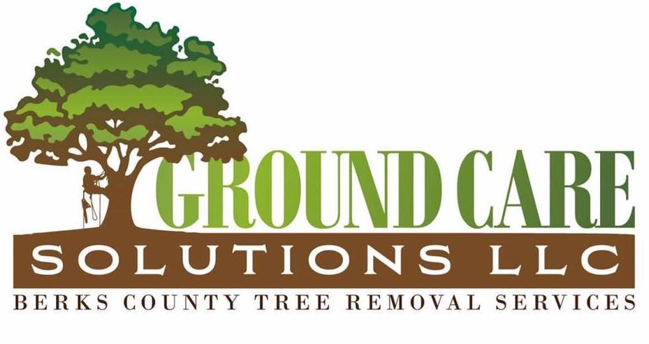 Logo for Ground Care Solutions LLC featuring a large green tree on the left with a person trimming it. The text reads "Ground Care Solutions LLC" and "Tree Services Berks County PA" below, emphasizing expert tree removal and care.