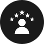 A white silhouette of a person is centered in a black circle with five white stars arching above, epitomizing excellence, much like the superior tree care Berks County PA offers.
