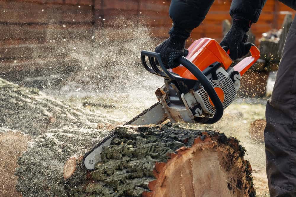 A person wearing gloves uses an orange chainsaw to cut through a large log, sawdust scattering in the air—a scene typical of Tree Services Berks County PA. The rough log, adorned with green moss, lies in front of a blurred wooden structure in the background.