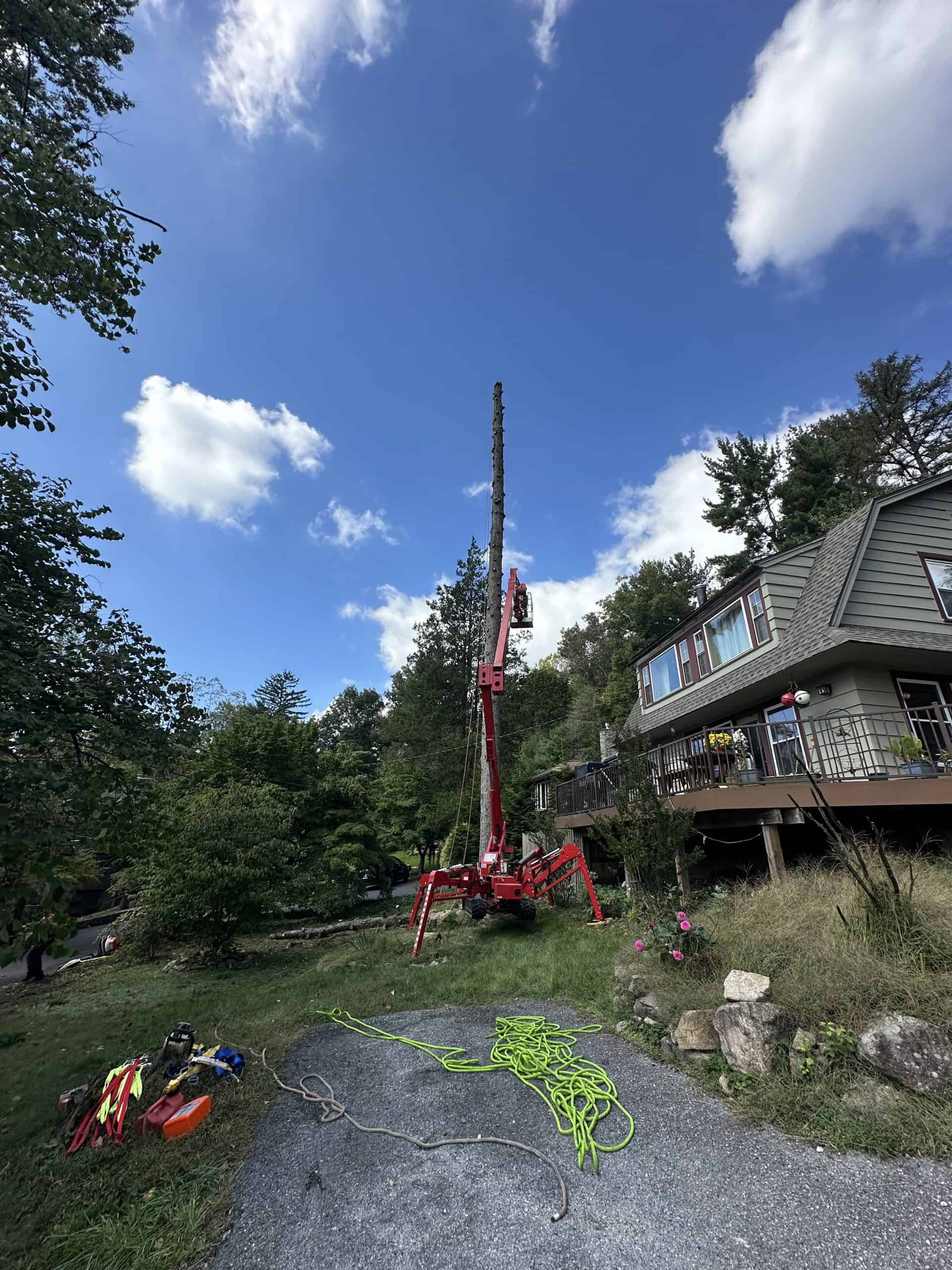 A red crane lifts a tall tree trunk near a house with a deck. Outdoor gear and ropes lie on the gravel path in the foreground. The sky is blue with scattered clouds, and trees surround the scene.